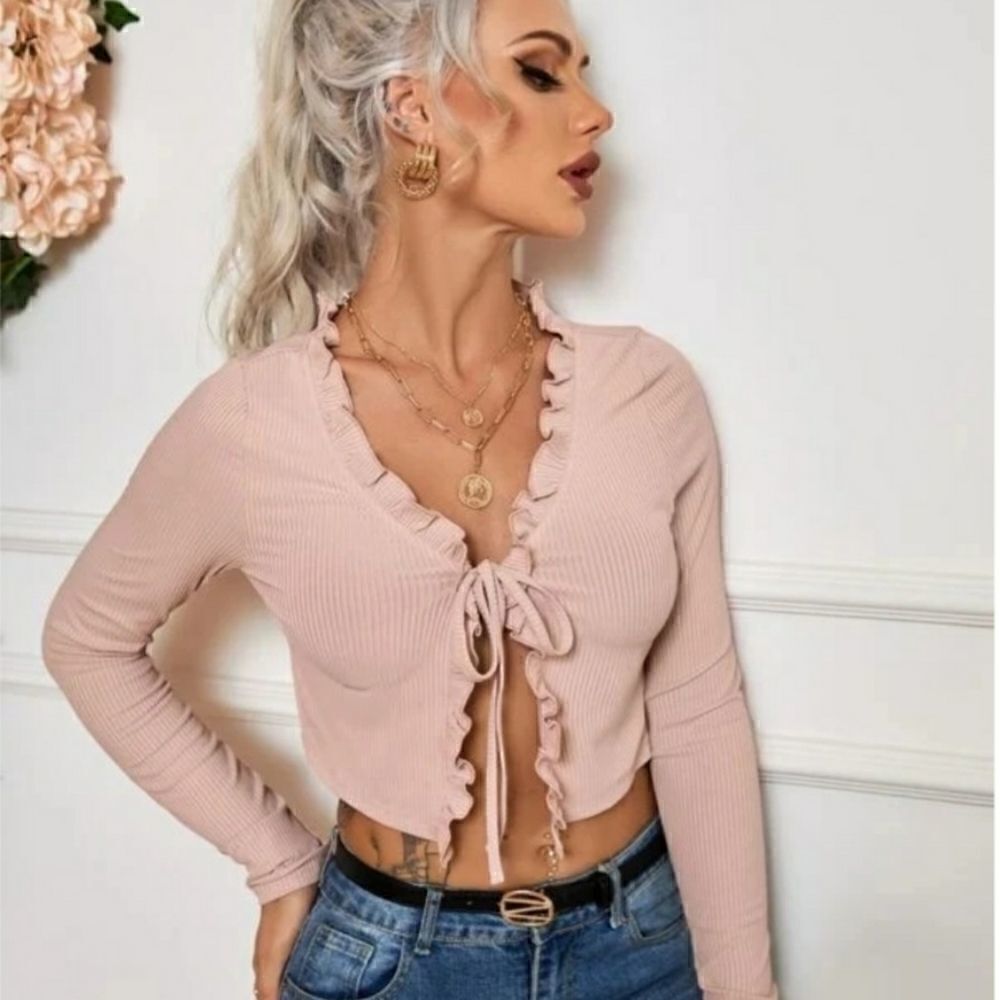 SHEIN Women Ruffle Trim Knot Front Crop Top size L